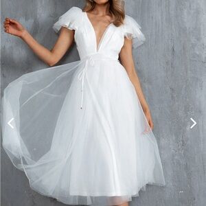 LEAP OF FAITH FRILL SHOULDER TULLE MIDI DRESS WHITE